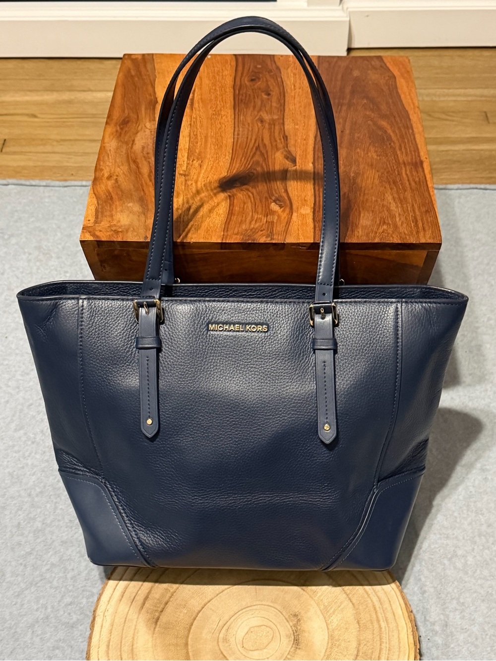 Michael Kors Aria Navy Pebbled Leather Large Tote Bag Purse